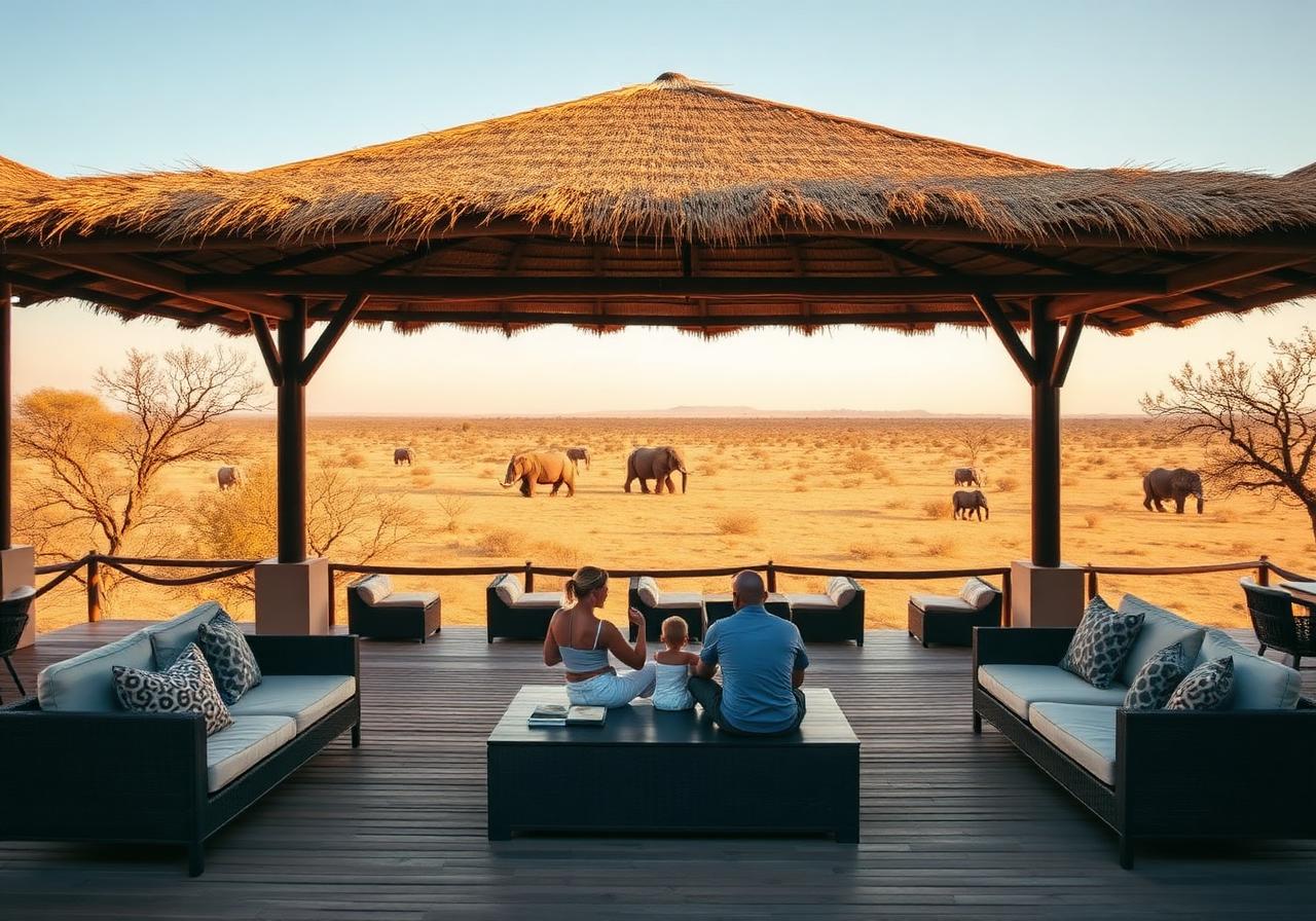 Family watching elephants from a private safari villa deck at Morukuru in Madikwe